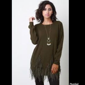 Love Riche Faux Leather Fringe Olive Boho Sweater
